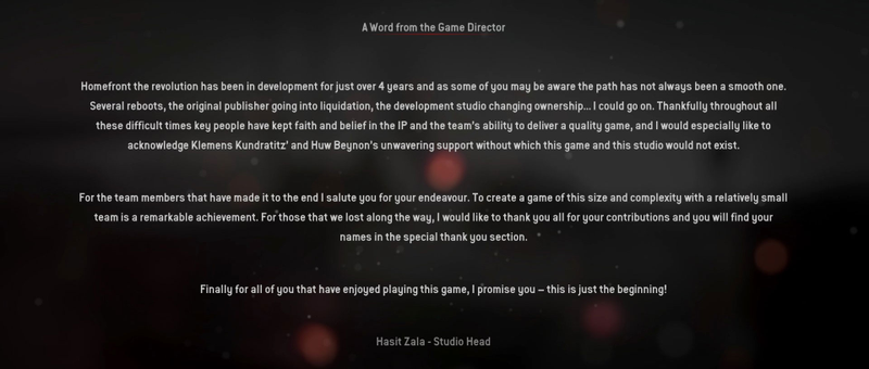 Illustration for article titled New Homefront Has A Very Unusual Message In The Credits
